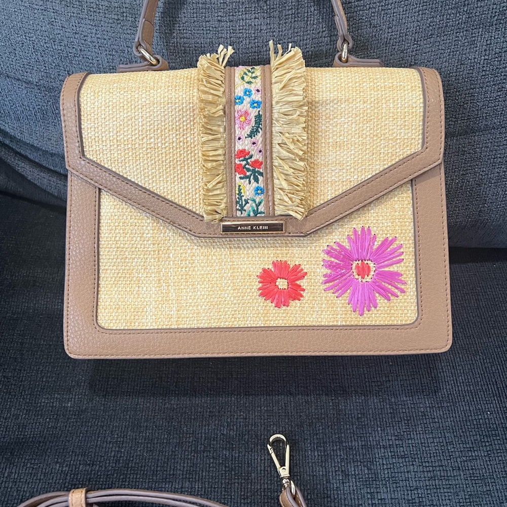 Anne Klein Tan and Pink Satchel with Floral Accents
